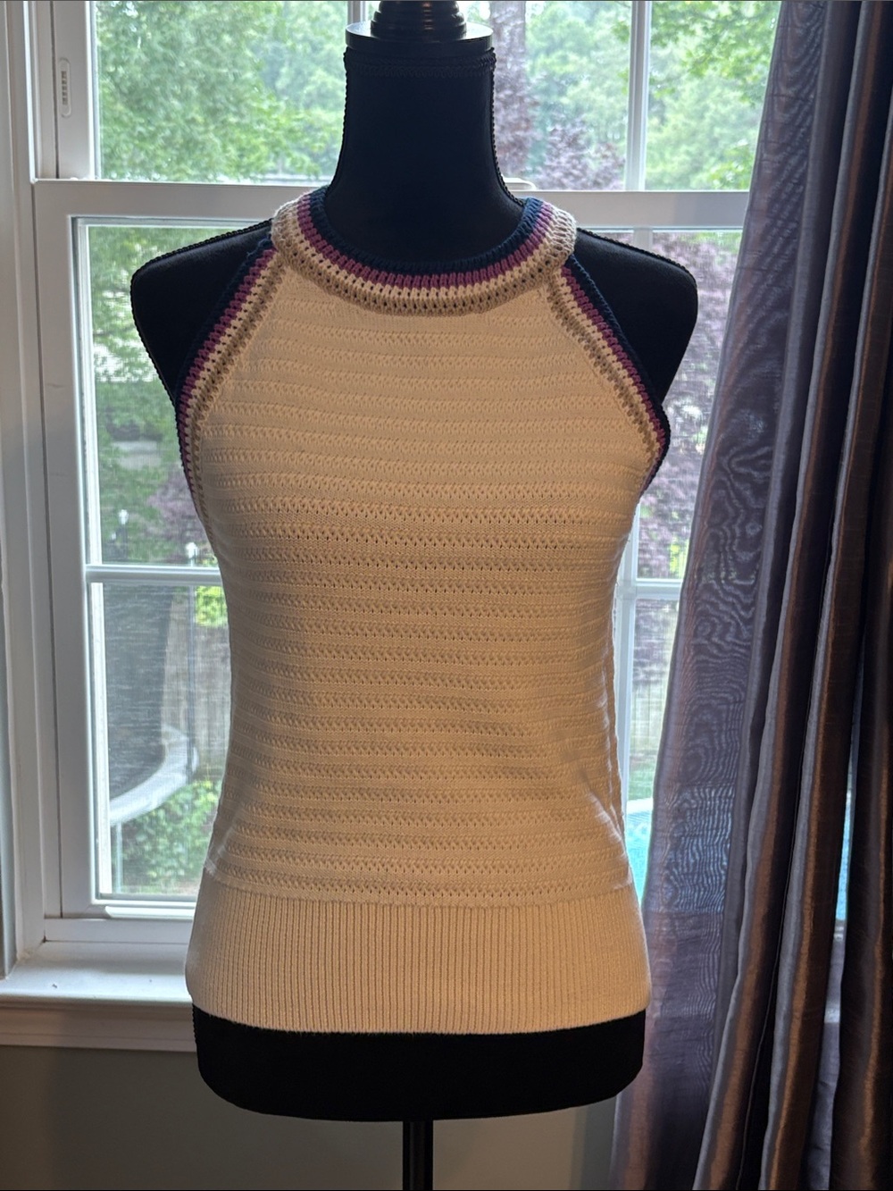 Ann Taylor Cream Halter Tank with Purple & Navy Trim
